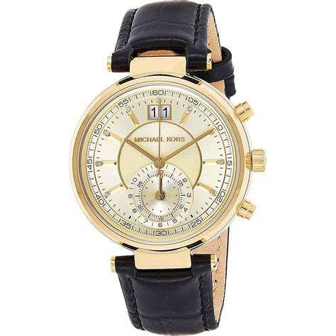 Michael Kors Sawyer Champagne Dial Black Leather Ladies .